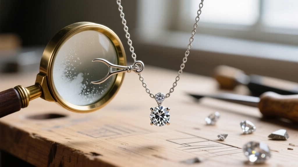 Macro shot of a loupe inspecting the micro-prongs and thin chain bail of a floating diamond necklace on a wooden jeweler's bench.