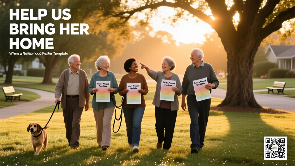A diverse group of neighbors walking together with leashes and flyers, searching a leafy neighborhood park at sunrise
