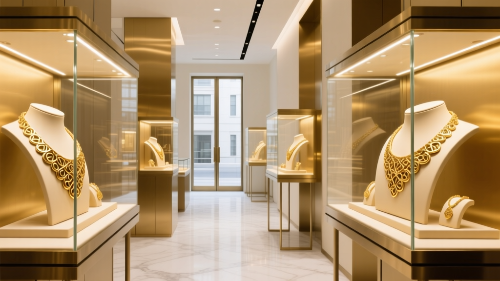Modern gold and jewelry emporium interior with illuminated glass cases displaying textured 18k gold necklaces under warm lighting