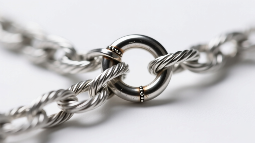 Macro shot of a 1.2mm sterling silver rope chain connecting to a soldered jump ring, showing precise metal texture and clasp