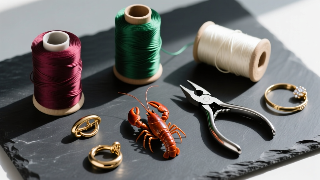 Top-down flat lay of jewelry supplies including silk cord spools, brass lobster clasps, and flush cutters on dark slate