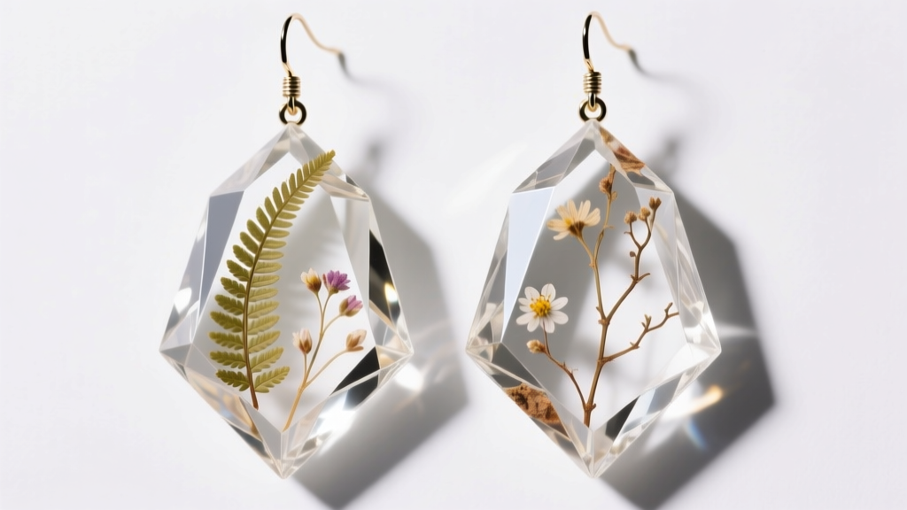 Close-up of oversized geometric Lucite drop earrings with embedded dried botanicals, illuminated by soft directional studio lighting