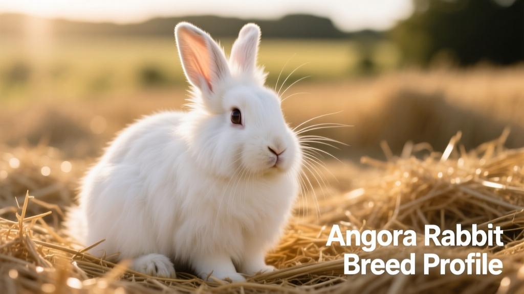 A fluffy white English Angora rabbit sitting calmly on straw, showcasing its distinctive facial furnishings and soft wool