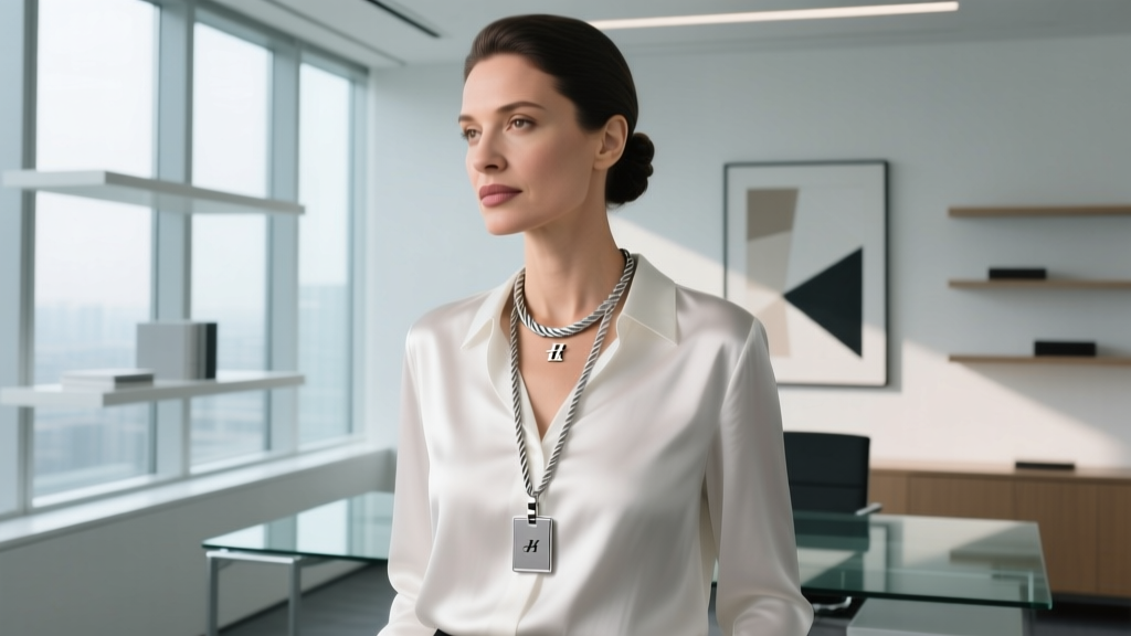 A stylish pro wearing a 316L stainless steel cable chain badge holder necklace over a silk blouse, modern office background