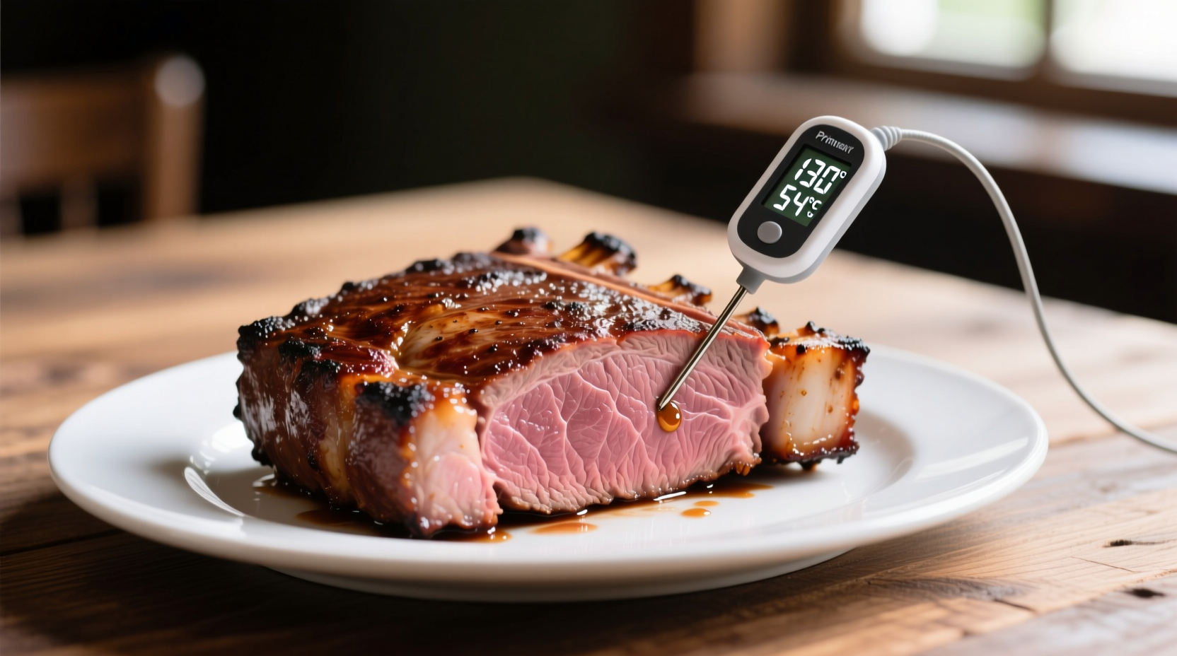 Perfectly cooked prime rib with internal temperature probe