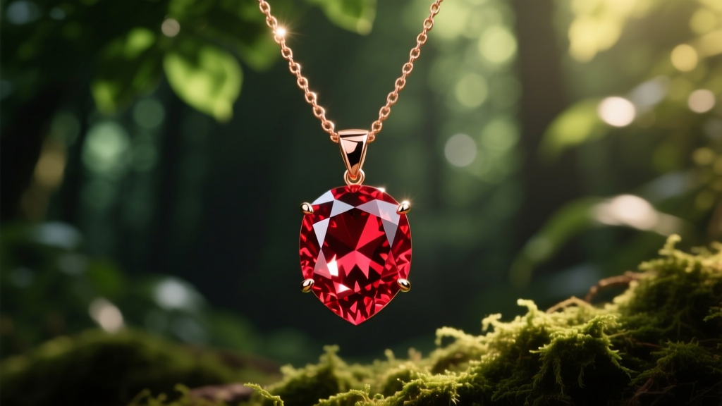 Lab-grown red diamond pendant on a delicate rose gold chain, lit by warm sunlight against a blurred dark green forest backdrop.