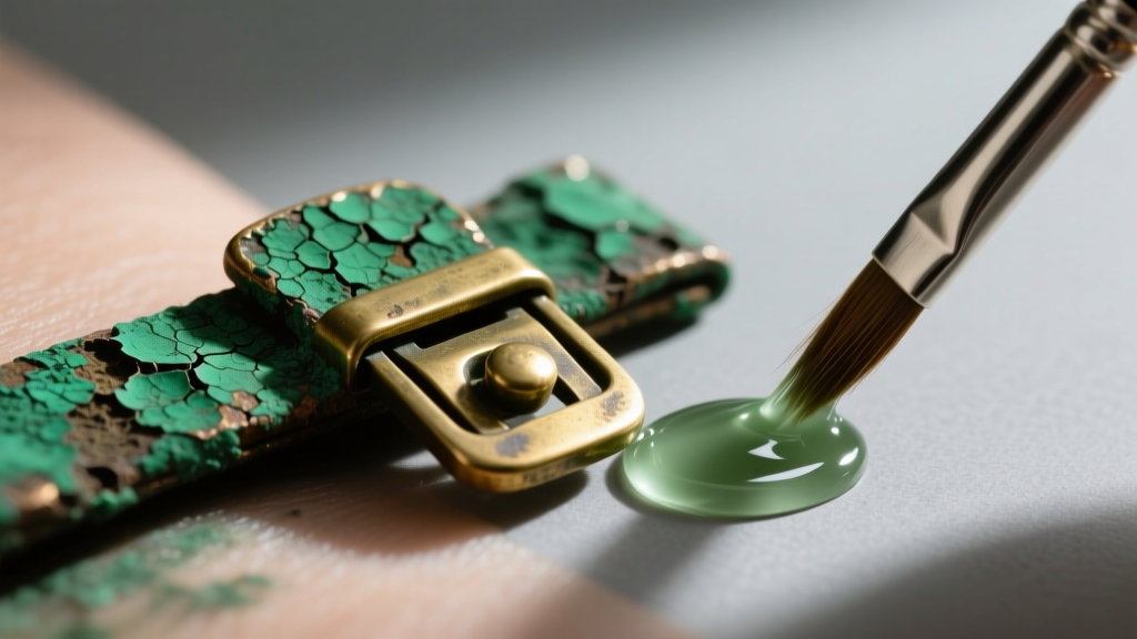 Macro shot of a tarnished brass clasp turning skin green, next to a brush applying a clear polyurethane protective coating.