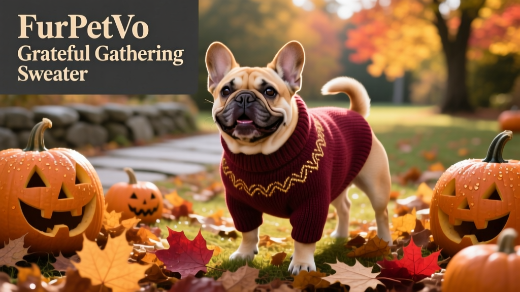 A happy French bulldog wearing the FurPetVo Grateful Gathering Sweater, posing outdoors amid fallen leaves and pumpkins, with natural lighting and warm autumn tones
