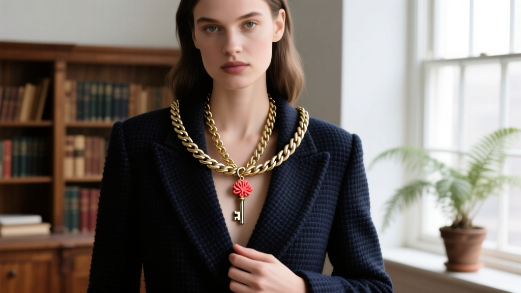 Model wearing a chunky 24-inch stainless steel rope chain with a Coraline key pendant layered over a dark academia tweed blazer