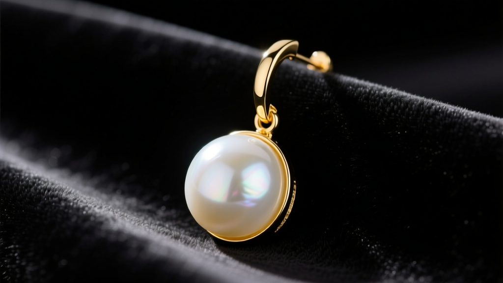 Large 14mm white South Sea pearl drop earring in 18k yellow gold resting on dark velvet with dramatic chiaroscuro studio lighting
