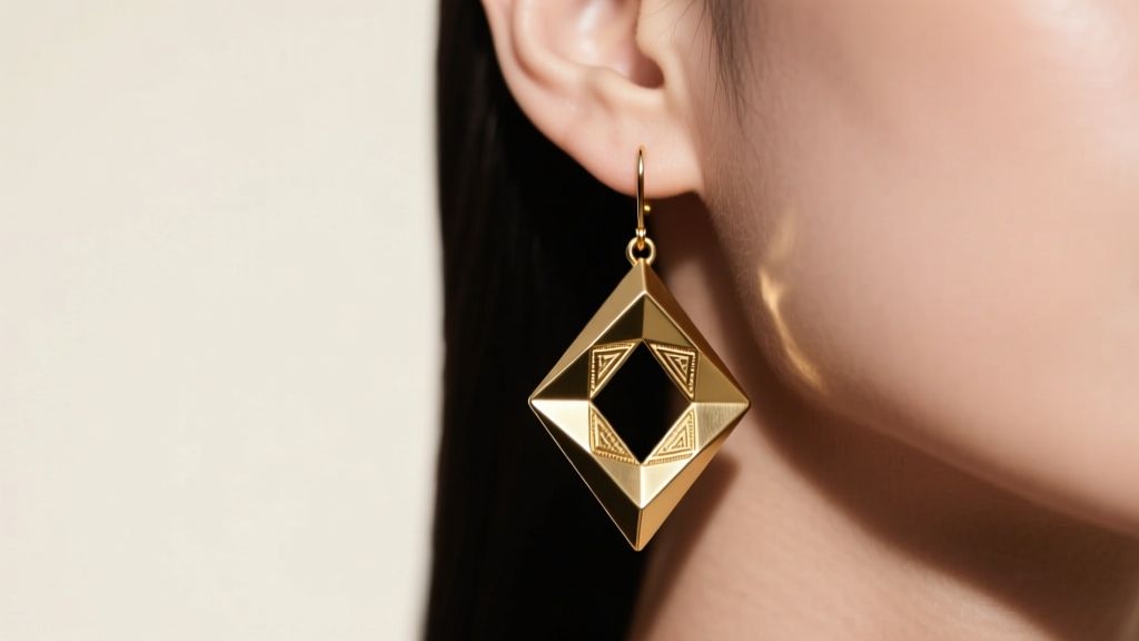 Close-up of four-inch geometric brass large dangle earrings on a model, soft studio lighting, sharp focus, and neutral backdrop.