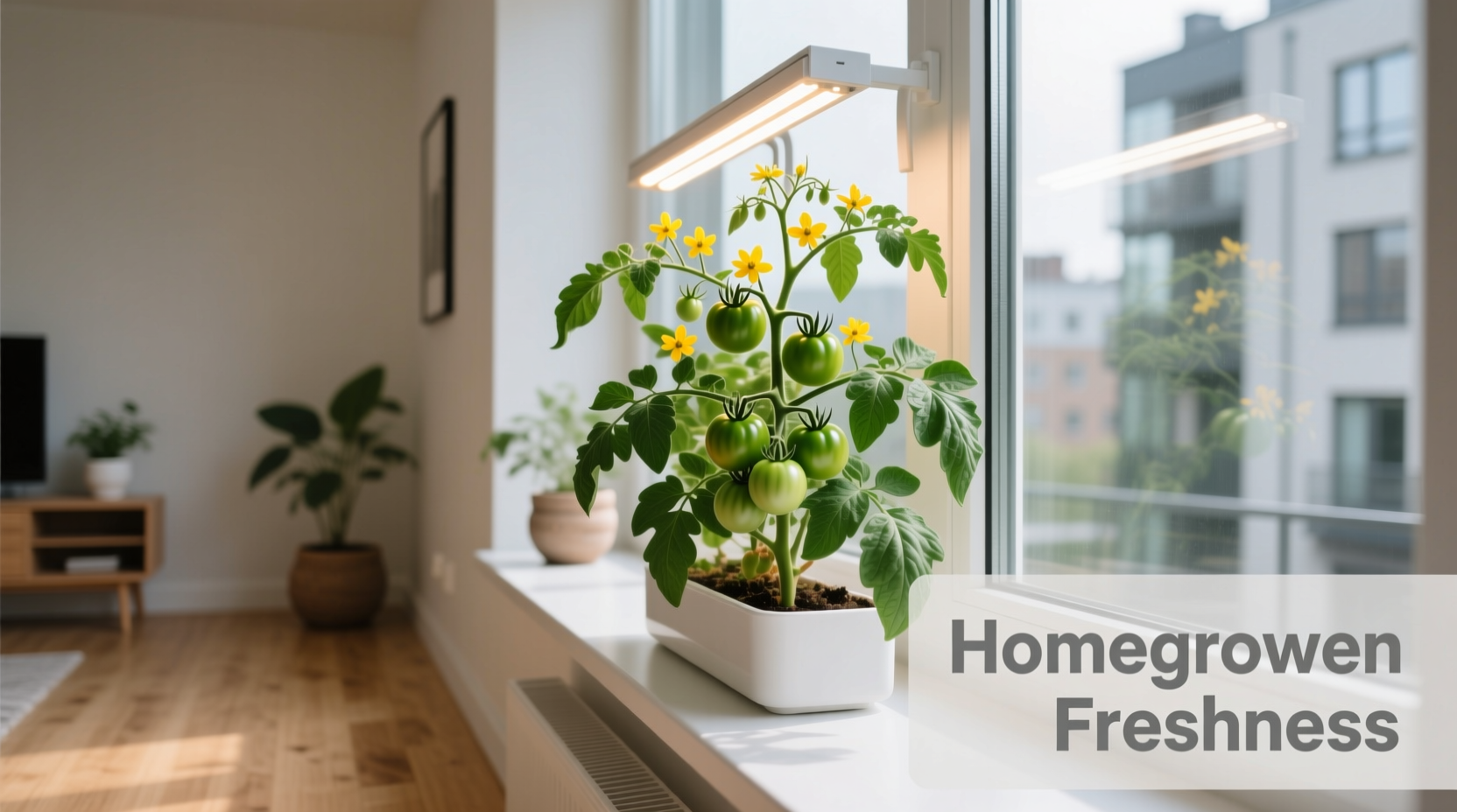 Indoor tomato plant growing under LED grow lights