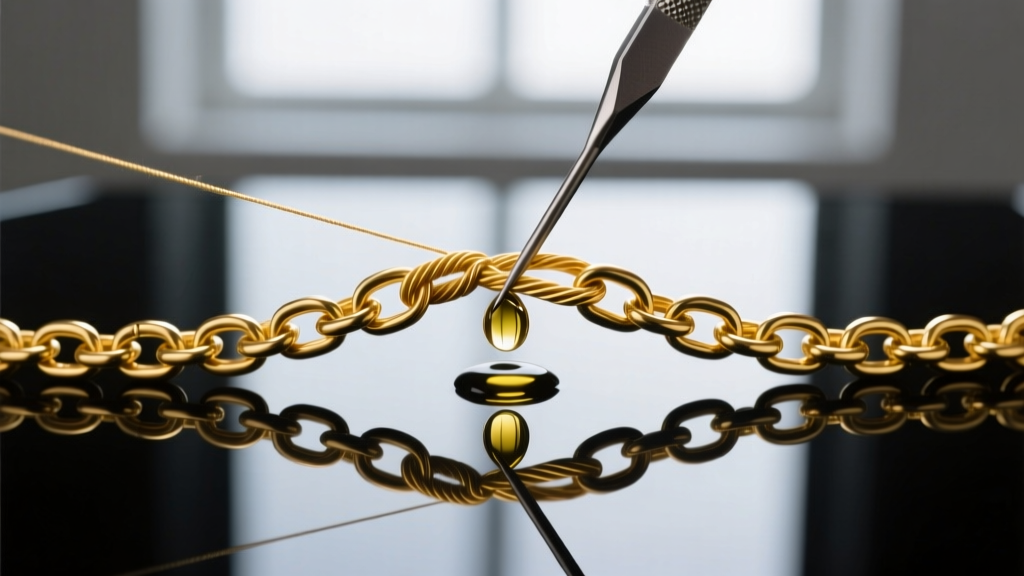 Macro shot of a tangled 22-gauge gold cable chain being untangled with a fine tungsten needle and mineral oil on a glass surface.