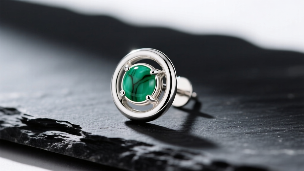 Macro shot of a 20-gauge sterling silver koru stud earring with a small inlaid pounamu greenstone center, resting on dark slate.