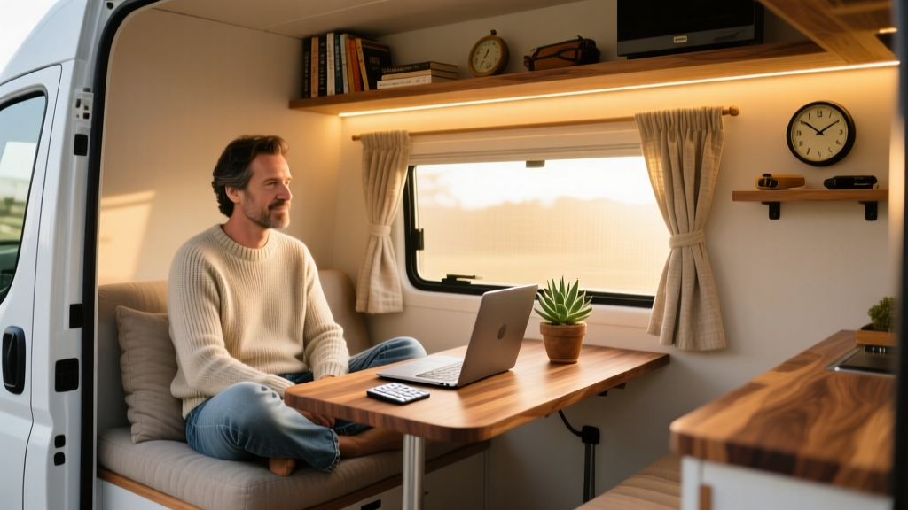 Digital nomad working on a laptop inside a converted Sprinter van motorhome with a compact wooden desk setup and warm LED lighting