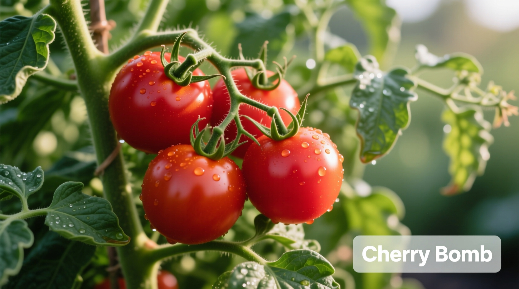 Ripe Cherry Bomb tomatoes on vine with green foliage