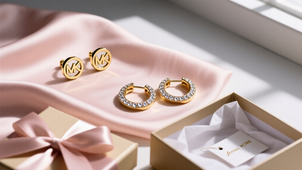 Elegant flat lay of gold-tone Michael Kors logo stud earrings and pavé crystal hoops on blush silk fabric next to an open gift box