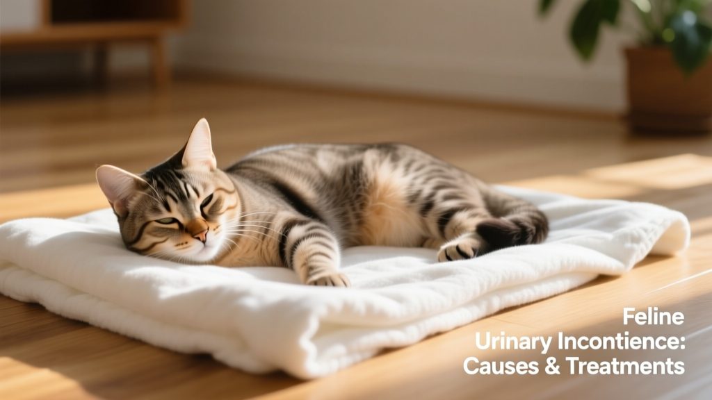 Close-up of a relaxed cat lying on a clean, dry blanket with no visible urine stains
