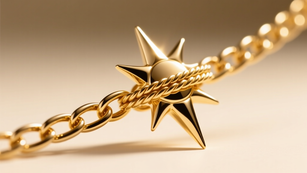 Macro shot of a tangled gold rope chain caught on the sharp ray of a sun pendant, lit by soft directional studio lighting.