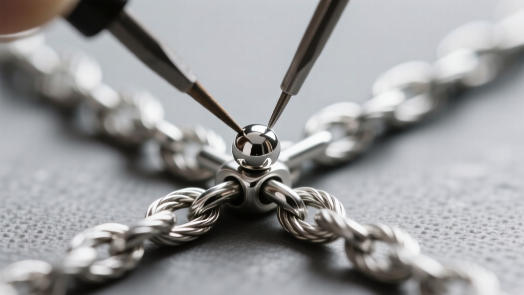 Macro photography of a sterling silver cable chain being repaired with silver hard solder, showing a tiny bead of molten metal.