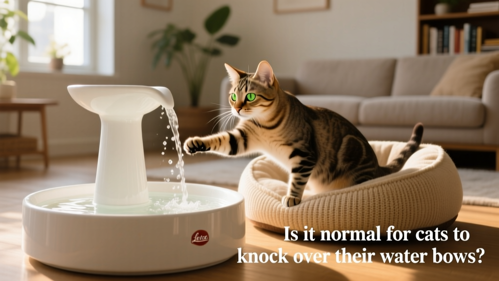 Modern white cat fountain with gentle water flow, placed beside a cozy cat bed