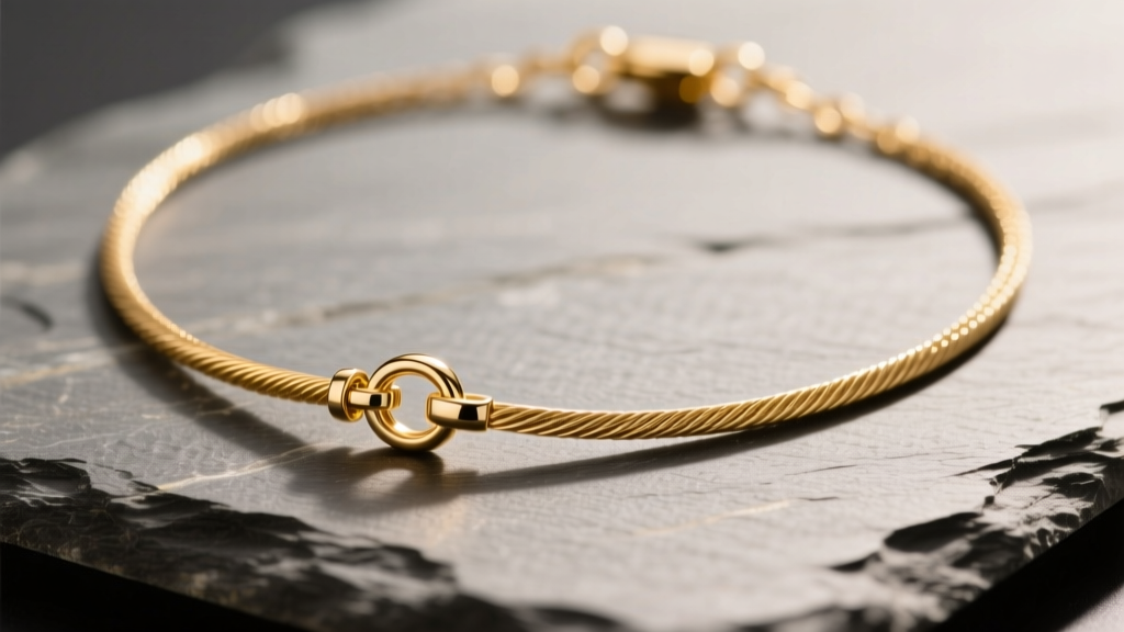 Macro shot of a 14k gold Lana lariat necklace on slate, showing the friction slide and a delicate 1.1mm flat cable chain.