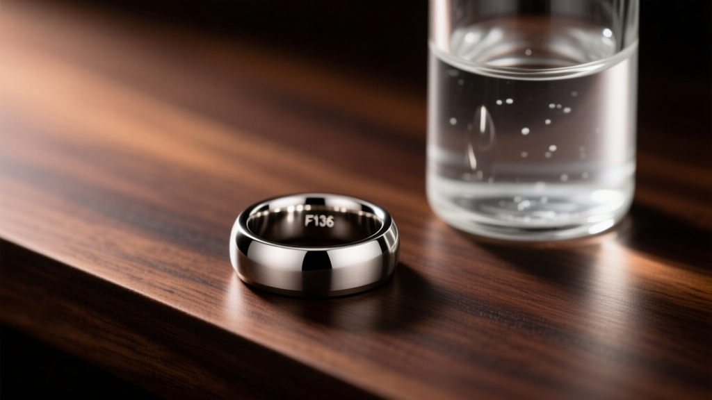 ASTM F136 titanium captive bead ring on dark wood next to a glass sterile saline bottle, illuminated by soft warm studio lighting