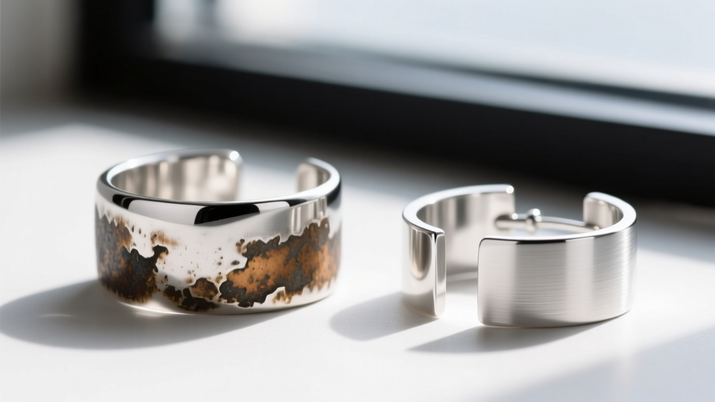 Side-by-side silver ear cuffs, one 925 sterling with patina, and one 935 Argentium featuring a bright, matte brushed metal finish.