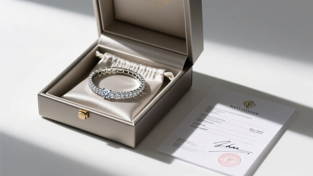 Anti-tarnish bag holding a diamond bracelet inside a padded crush-proof shipping box next to a sealed jewelry intake document.