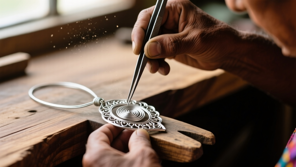 Artisan hands using tweezers to place 26-gauge silver wire spirals into an Oaxacan filigree pendant frame on a wooden workbench.