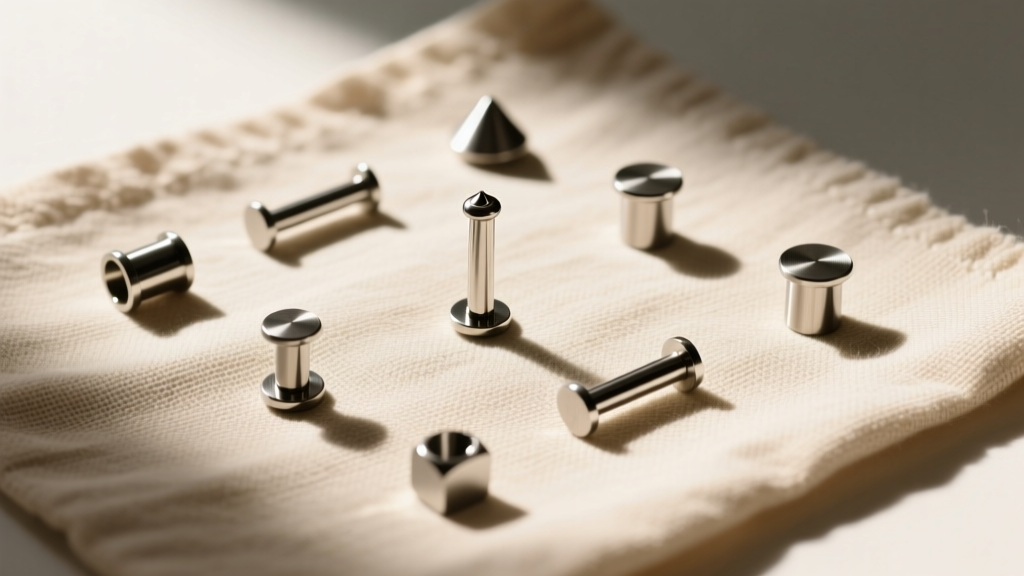 Flat lay of hypoallergenic nose screws and titanium studs arranged on textured beige linen cloth under bright natural daylight.