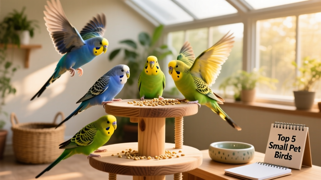 A vibrant group of parakeets — blue, green, and yellow — interacting playfully on a multi-level perch