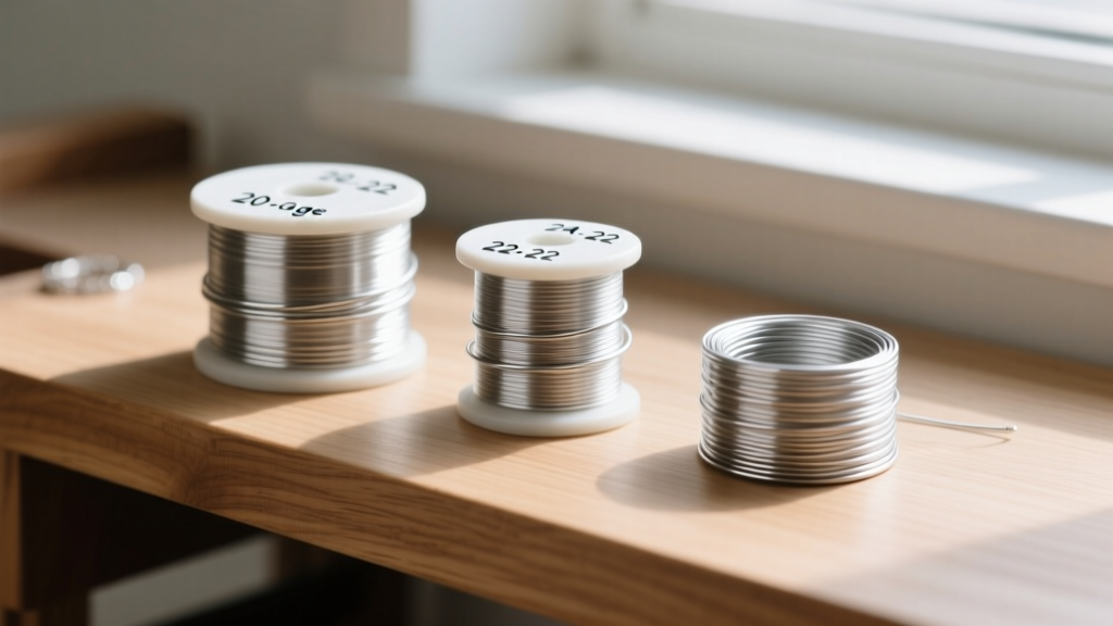 Three spools of half-hard jewelry wire in 20, 22, and 24 gauge sizes resting on a wooden jeweler's bench with round-nose pliers