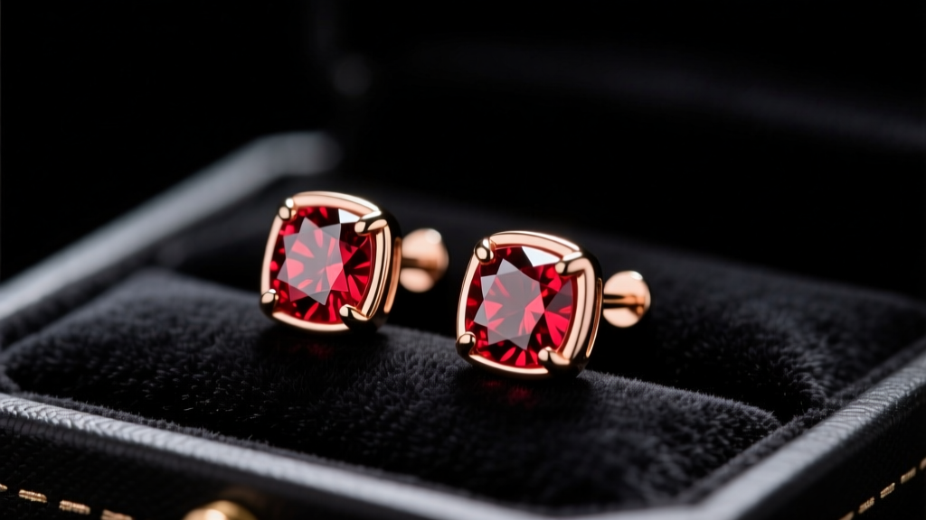 Close-up of a pair of 1-carat bezel-set red diamond stud earrings in 18k rose gold, resting on a dark velvet jewelry display tray.