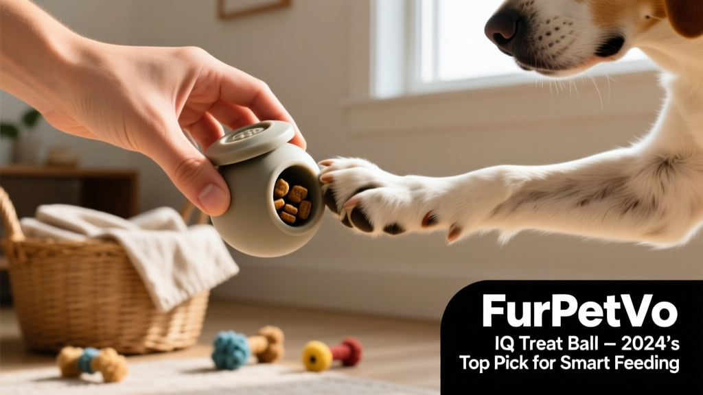 Close-up of hands twisting apart the FurPetVo IQ Treat Ball to reveal its adjustable treat chamber and removable lid