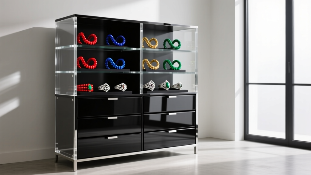 Black metal and acrylic jewelry armoire in a modern room, with clear drawers displaying colorful beaded bracelets and silver rings.