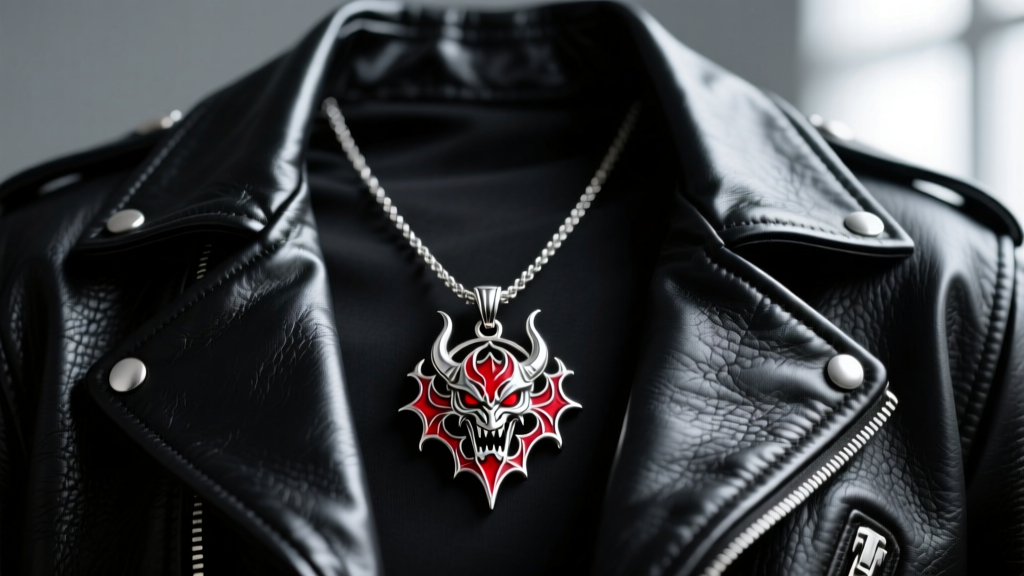 Silver replica Devil May Cry Dante Sparda amulet necklace with vibrant red enamel inlays resting on a dark textured leather jacket.