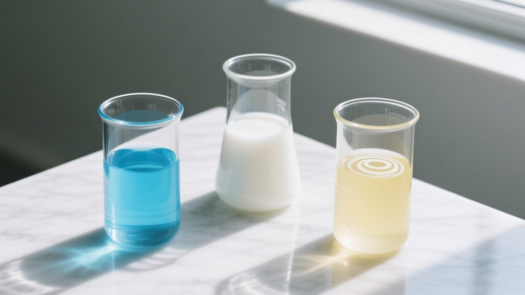 Top-down view of three glass beakers containing distinct ultrasonic cleaning solutions: clear blue, milky white, and pale yellow.