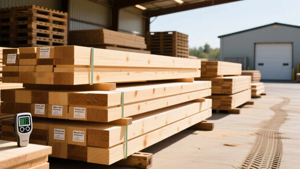 Stacks of graded Douglas Fir and SPF dimensional lumber in a commercial lumberyard with pricing tags and moisture meters visible