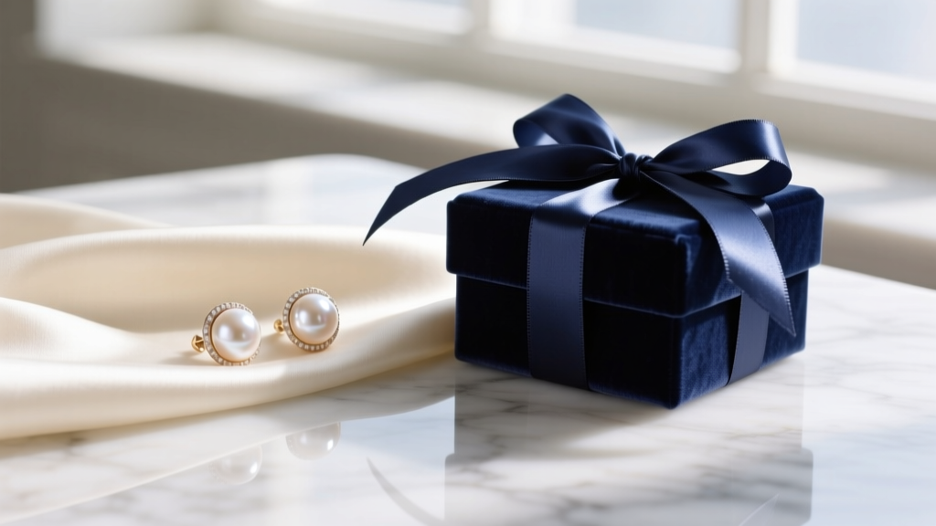 Ralph Lauren freshwater pearl stud earrings resting on cream silk next to a navy velvet gift box and satin ribbon on marble