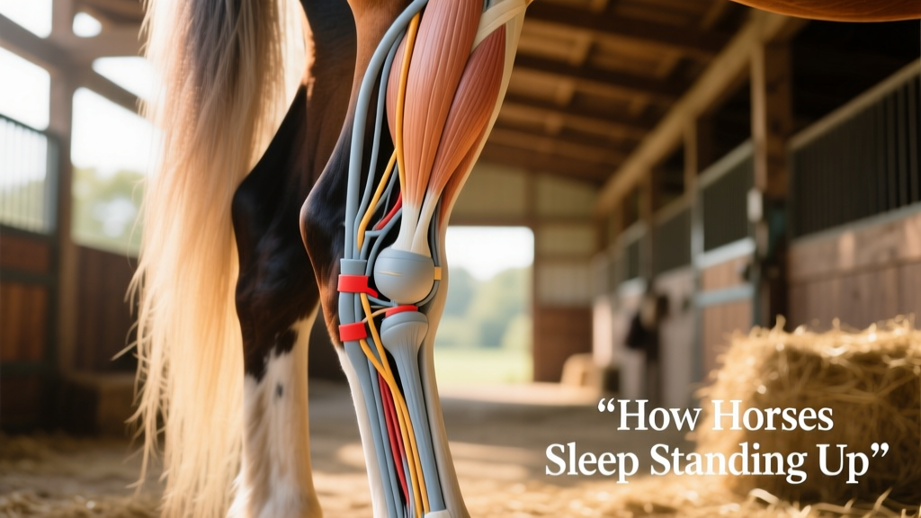 Close-up diagram showing the stay apparatus in a horse's hind leg, highlighting key tendons and ligaments