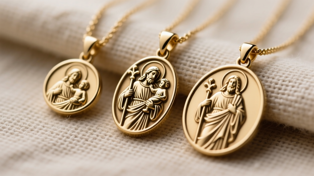 Three Saint Christopher pendants in 15mm, 20mm, and 25mm sizes on linen fabric, showing detailed engraving of the saint and child.