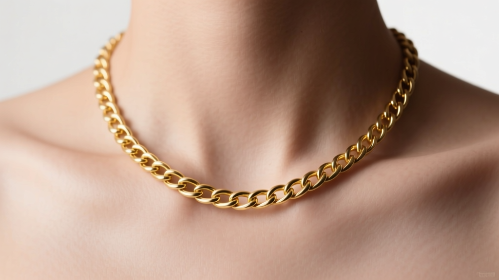 18-inch 14k yellow gold cable chain resting on a collarbone, soft studio lighting highlighting the warm metallic luster and skin