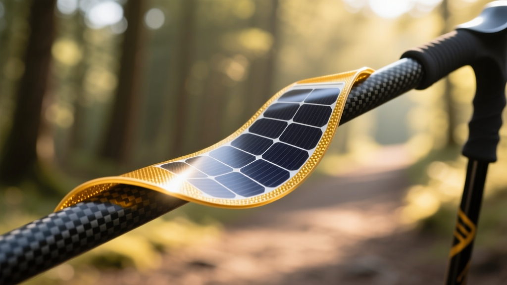 Close-up macro shot of a flexible CIGS solar panel wrap integrated seamlessly into the carbon fiber shaft of a modern trekking cane.