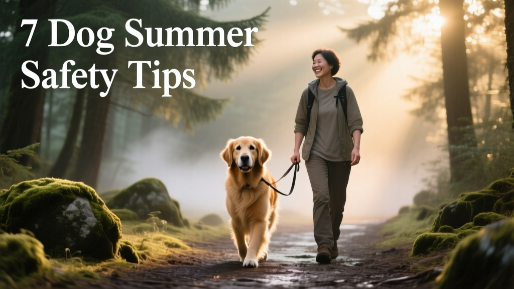 Dog walking calmly beside owner on a shaded trail at sunrise, soft light filtering through trees