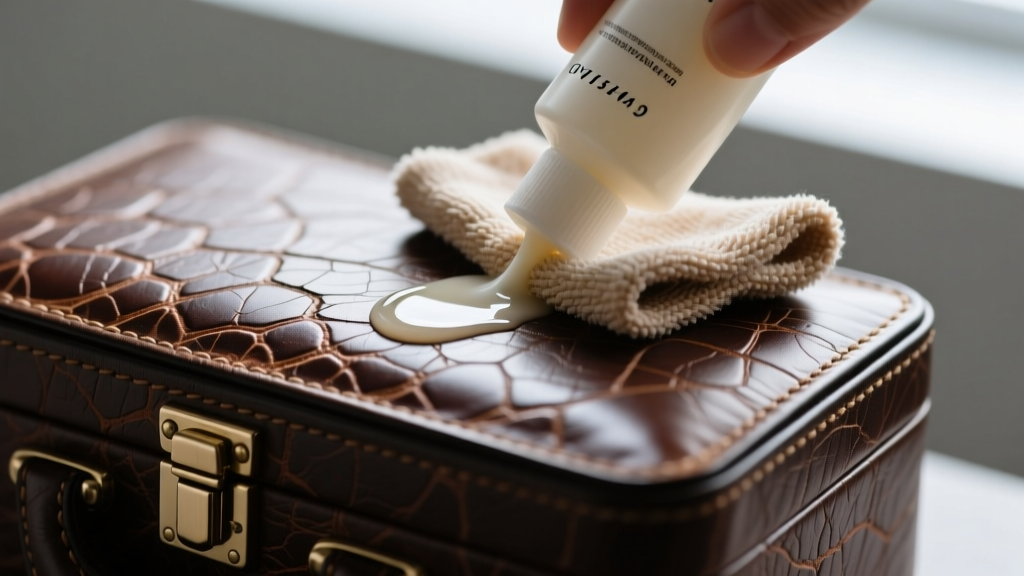 Close-up of a cloth applying pH-balanced conditioner to the scratched Saffiano exterior of a luxury watch storage case.