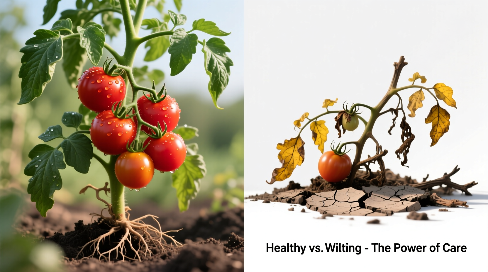 Healthy tomato plant versus wilting tomato plant comparison