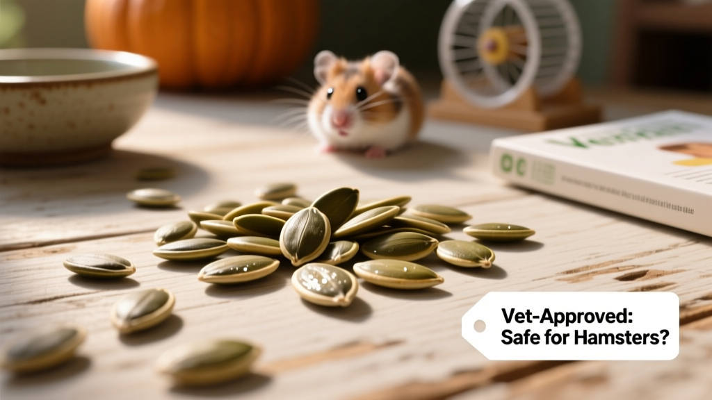 Close-up of raw, shelled pumpkin seeds scattered on a clean wooden surface, ideal for hamster feeding