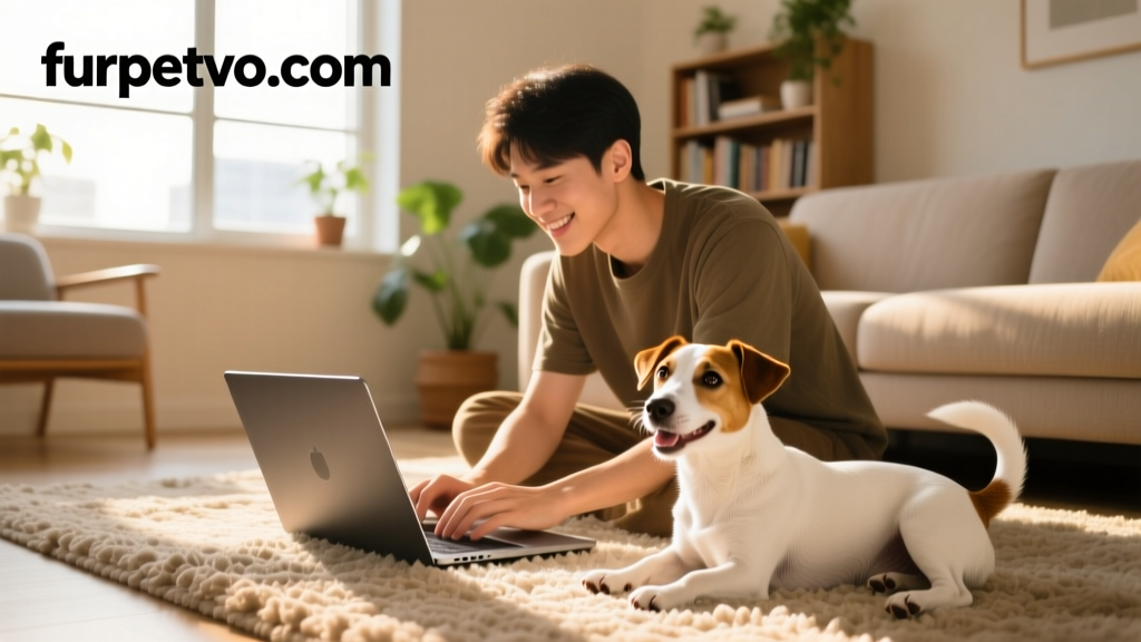 A person using a laptop to create a pet profile on furpetvo.com, with a happy Jack Russell Terrier resting nearby on a cozy rug