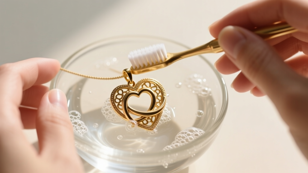 Hands gently scrubbing a gold vermeil interlocking heart pendant with a soft toothbrush and soapy water inside a small glass bowl.